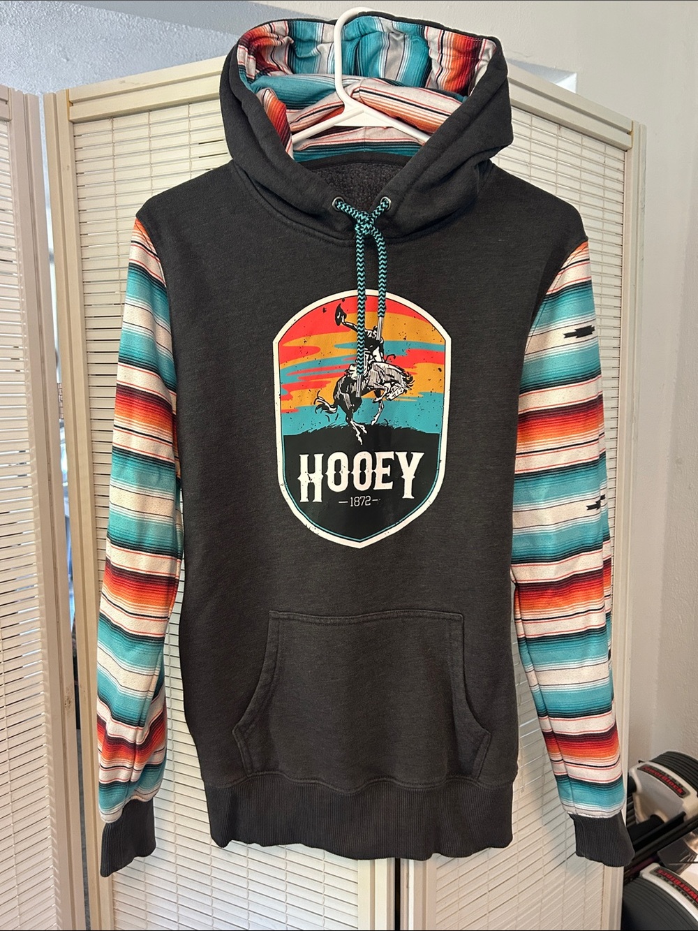 Hooey Charcoal Pullover with Teal, Coral and Cream Striped Sleeves